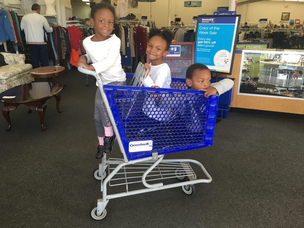 kids in goodwill shopping cart