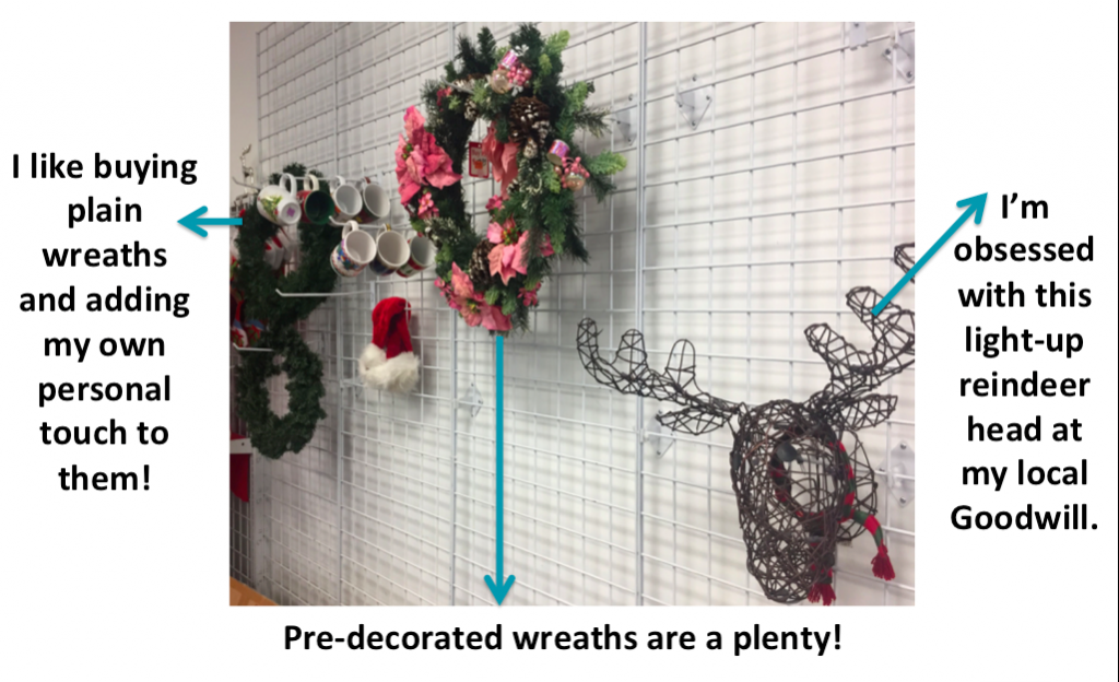 wreaths and reindeer docorations at Goodwill