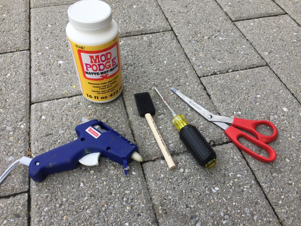 supplies: Mod Podge, glue gun, screw driver, scissors