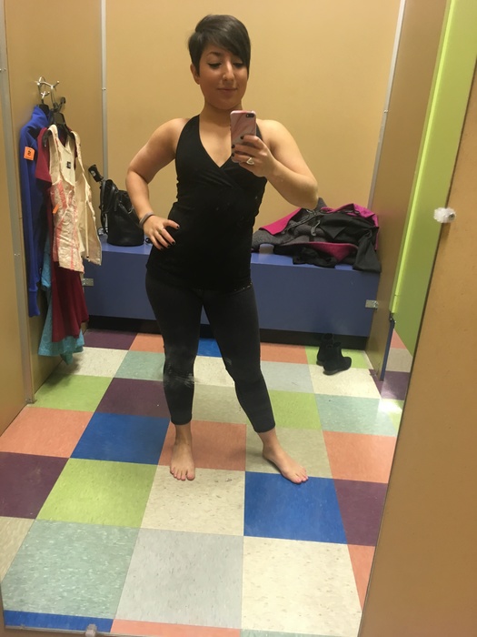 trying on lululemon yoga pants