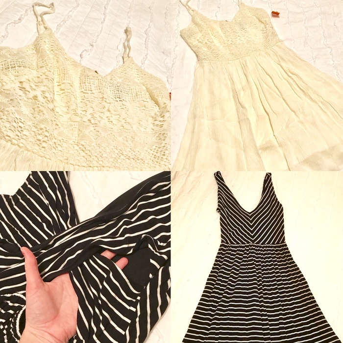 Forever 21 ivory sundress and black & white wrap-back LOFT dress from Goodwill 