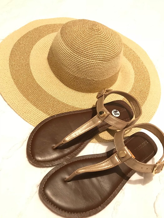 floppy hat and sandals from Goodwill