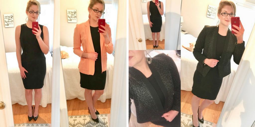 peach and leopard blazers from Goodwill over a LBD