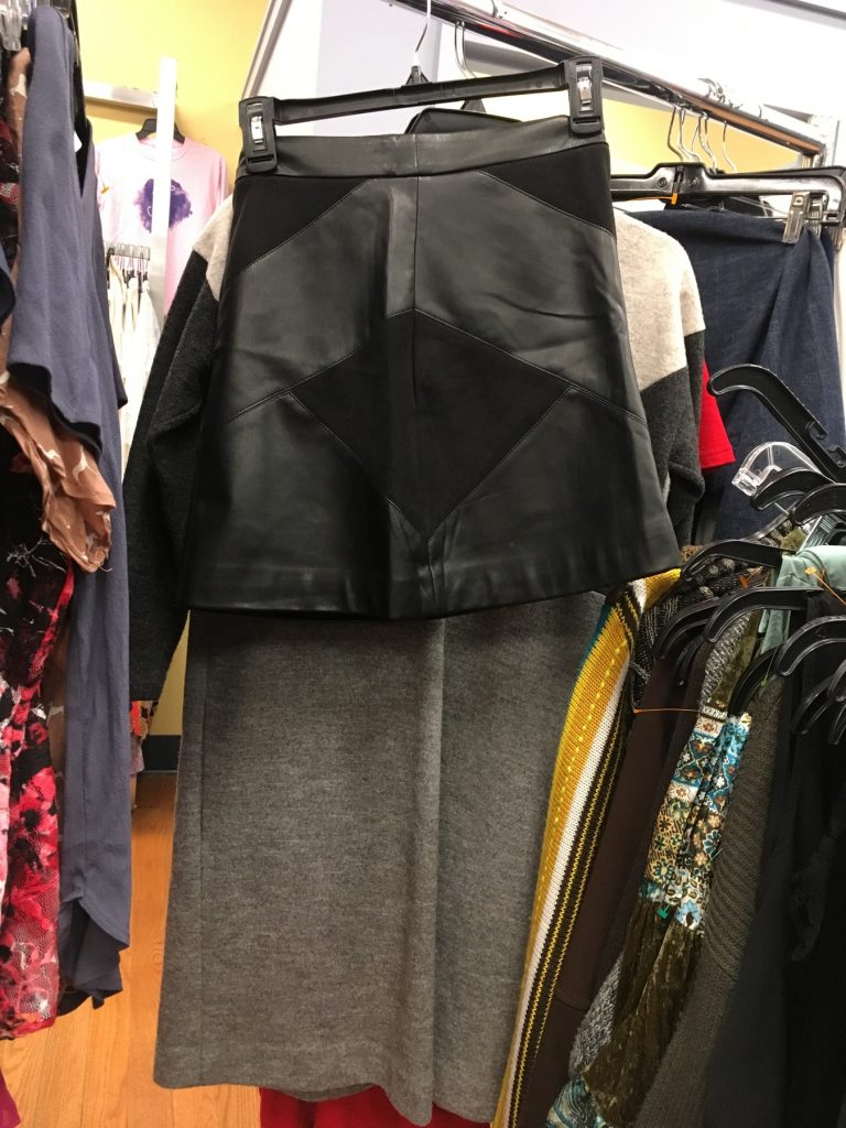 Carolyn spots a leather mini skirt while visiting Goodwill of Somerville, MA