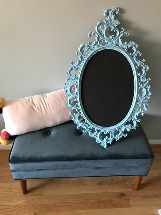 blue, framed chalkboard found at Goodwill