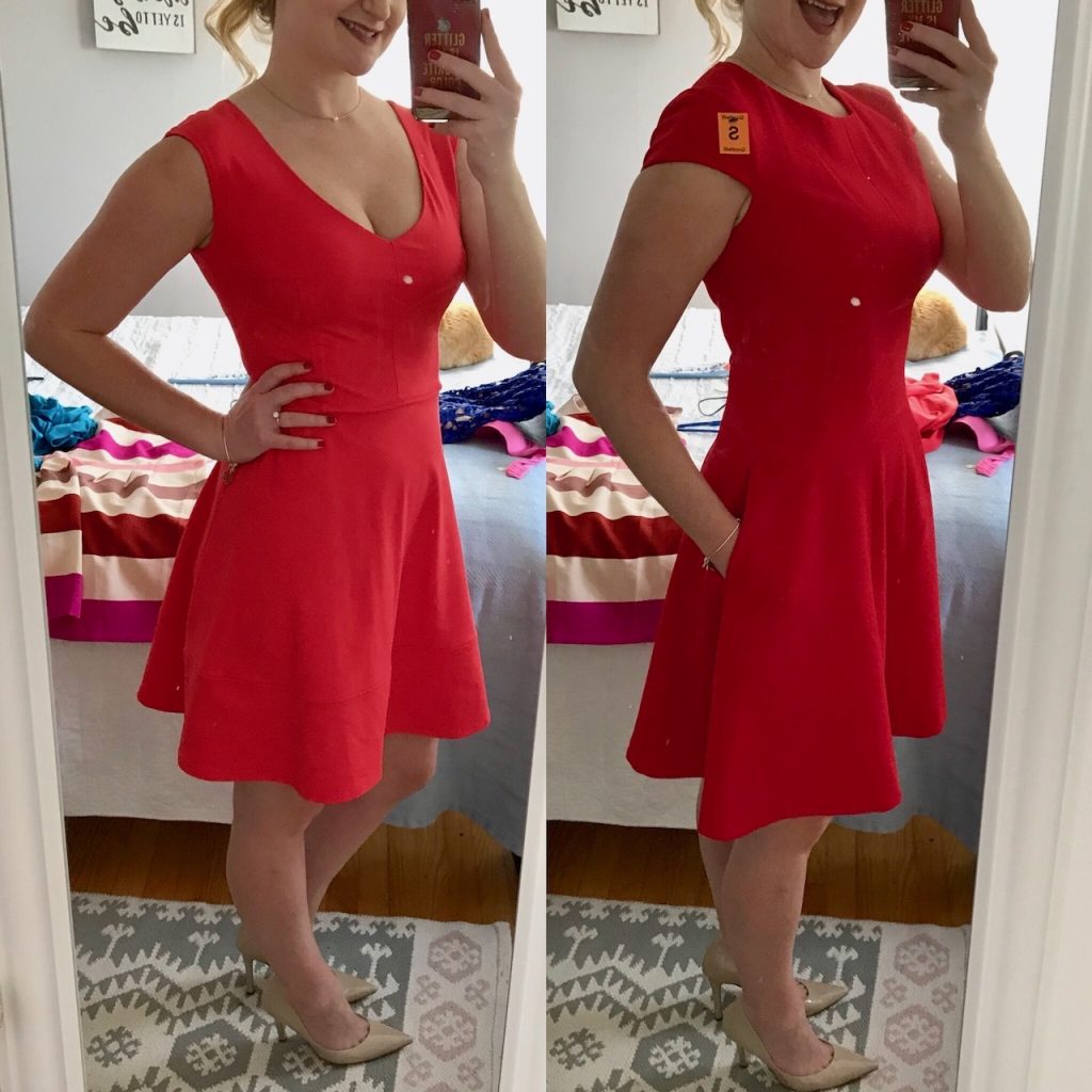 Karen wears a red dress by Eliza J and Cynthia Rowley found at Goodwill