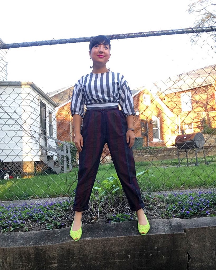 Caroyln wearing Goodwil vintage stripe pants with stripe top