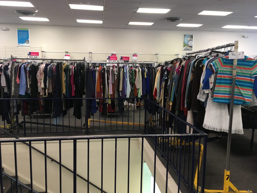 full racks of clothing prepared in anticipation of Columbia Pike Meetup shoppers