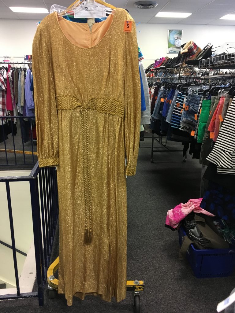 Lina's gold vintage dress found at Columbia Pike, Goodwill