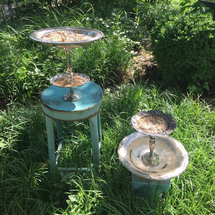 Tim's completed serving tray bird feeder and bird bath/bird feeder combo