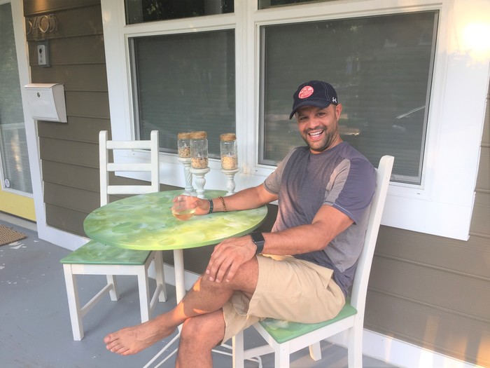 Friend enjoys Tim's upcycled bistro set