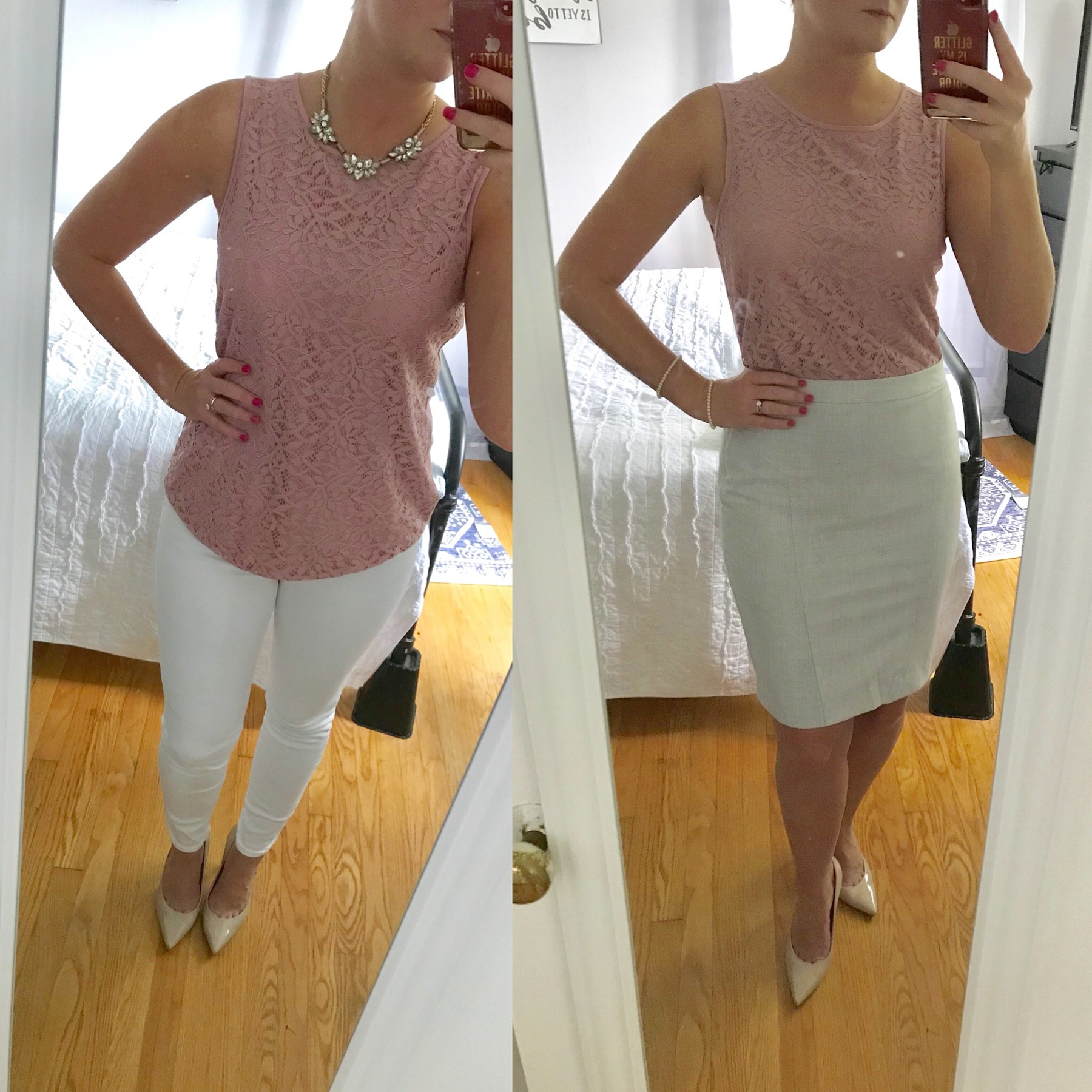 Karen pairs her lacy top with with slacks, a white skirt, and nude heels.