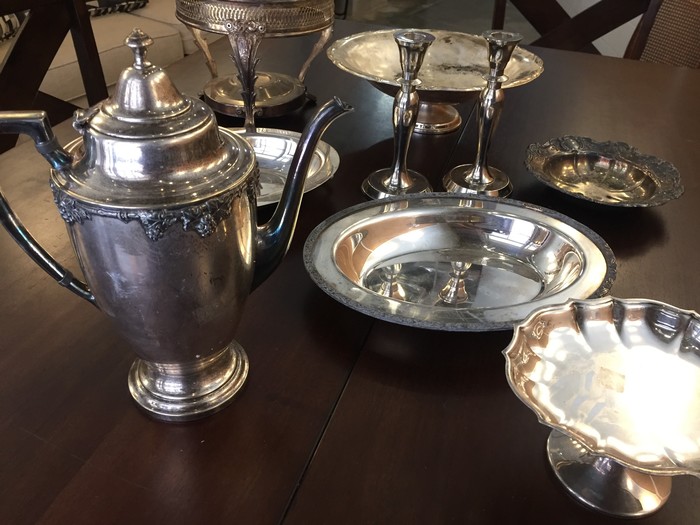 Tim's antique teapot, candlestick holders, and other tea service accessories 