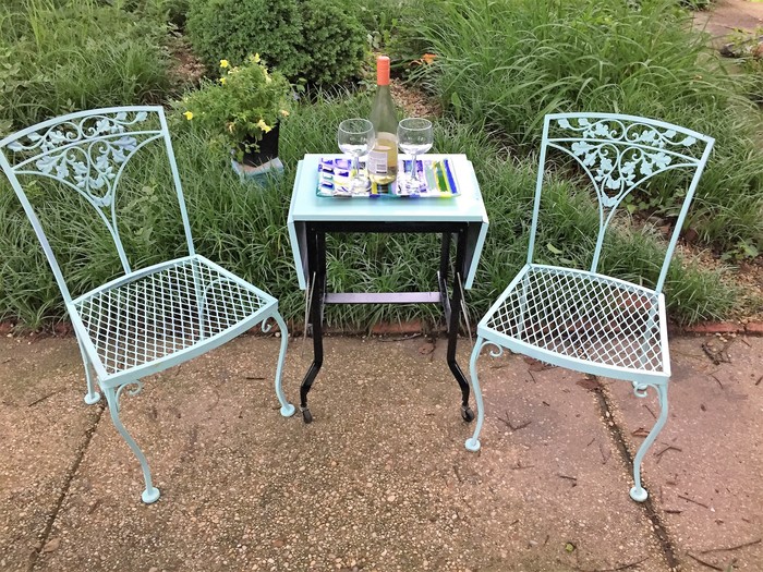 Tim's upcycled typewriter table used as an outdoor bistro table 