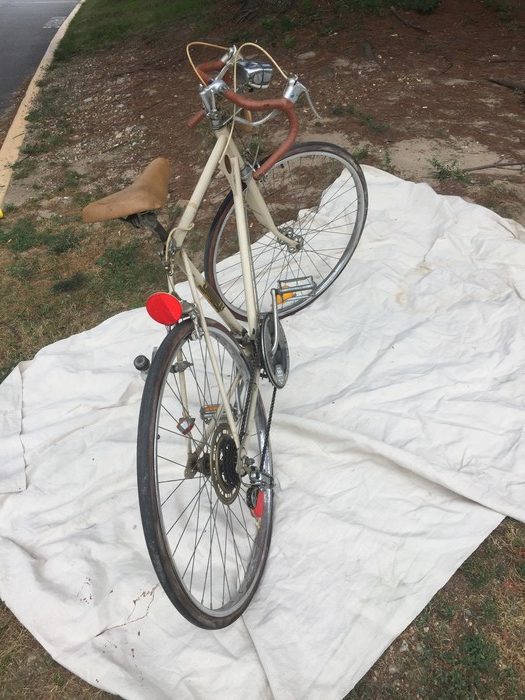 Tim's bike from Goodwill sitting on tarp.