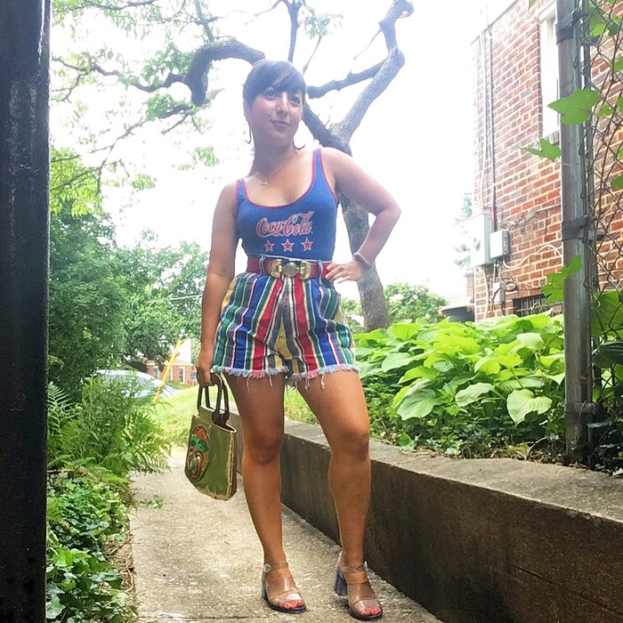 Carolyn's striped shorts and Coca-Cola vintage swimsuit.