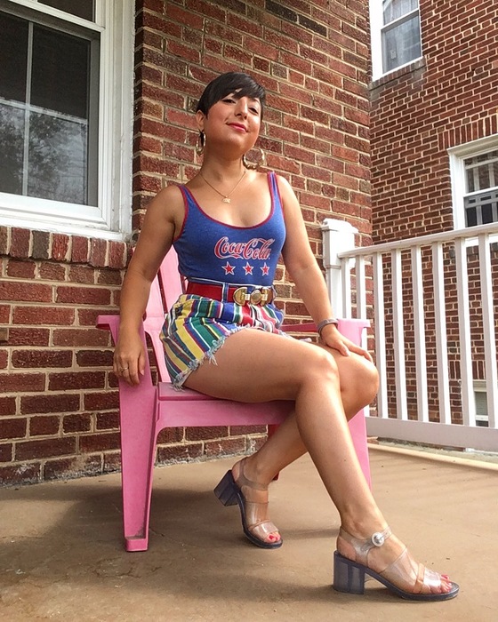 Carolyn's striped shorts and Coca-Cola vintage swimsuit.