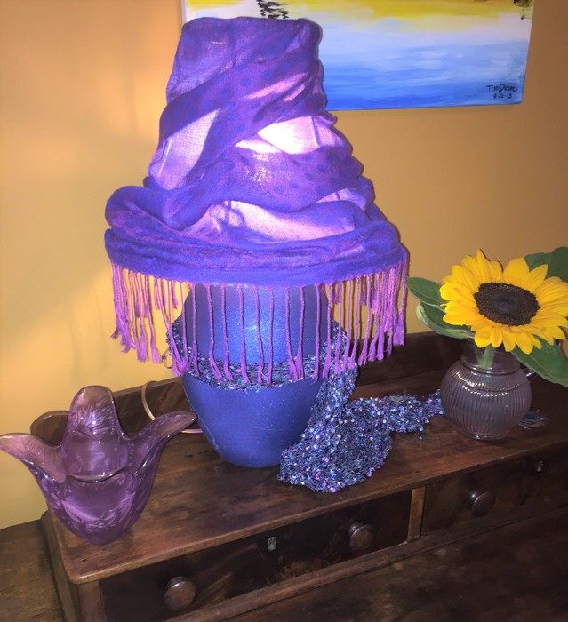 Tim's completed purple lamp with an embellished fringe trim