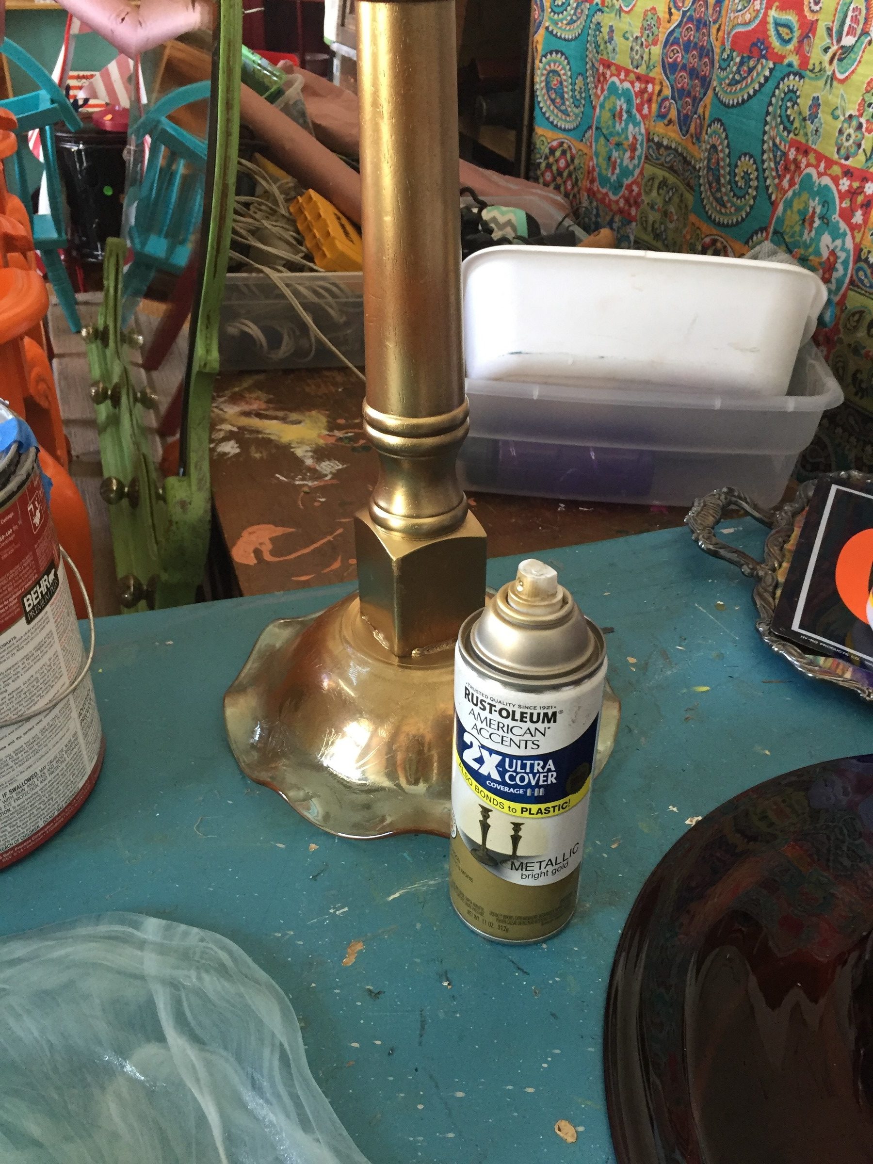 Tim's bird bath spray painted gold