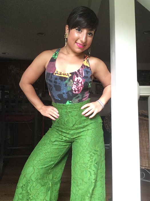 Carolyn rocks a vintage swimsuit and kelly green, lacy wide leg pants