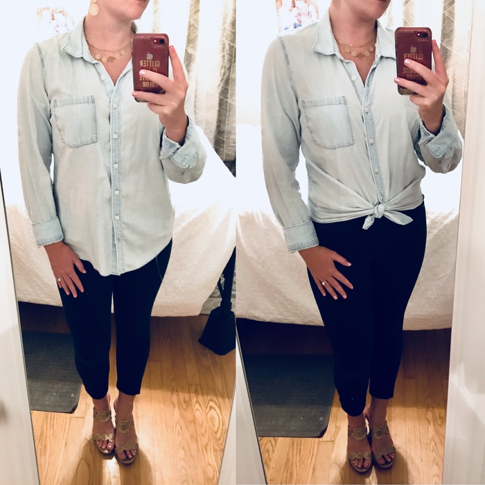 Karen sports a knotted J. Crew chambray top from Goodwill.