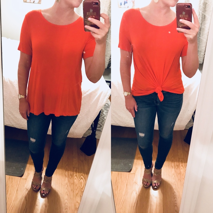 Karen wears shows an Old Navy swing tee (from Goodwill) worn two ways