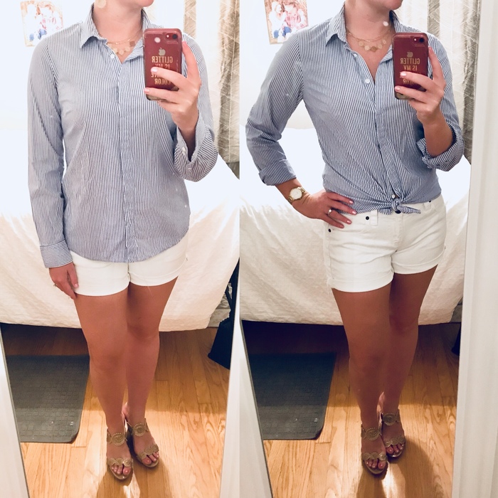 Karen styles a J. Crew button-down top with shorts and styles it two ways