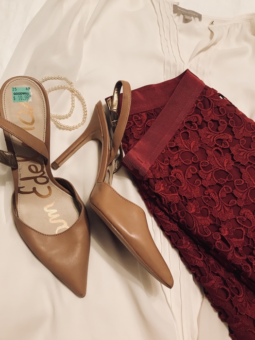 Karen's blouse, skirt, pumps, and pearls - all found at Goodwill stores