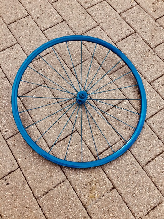 Tim's bicycle wheel spray painted blue