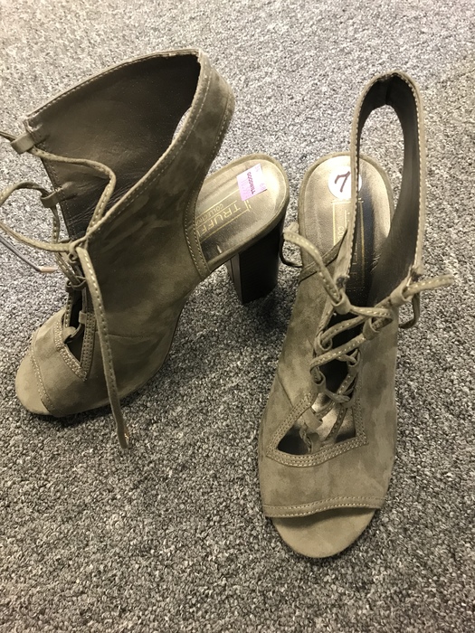 olive green open-toed booties found at the Kings Highway Goodwill store