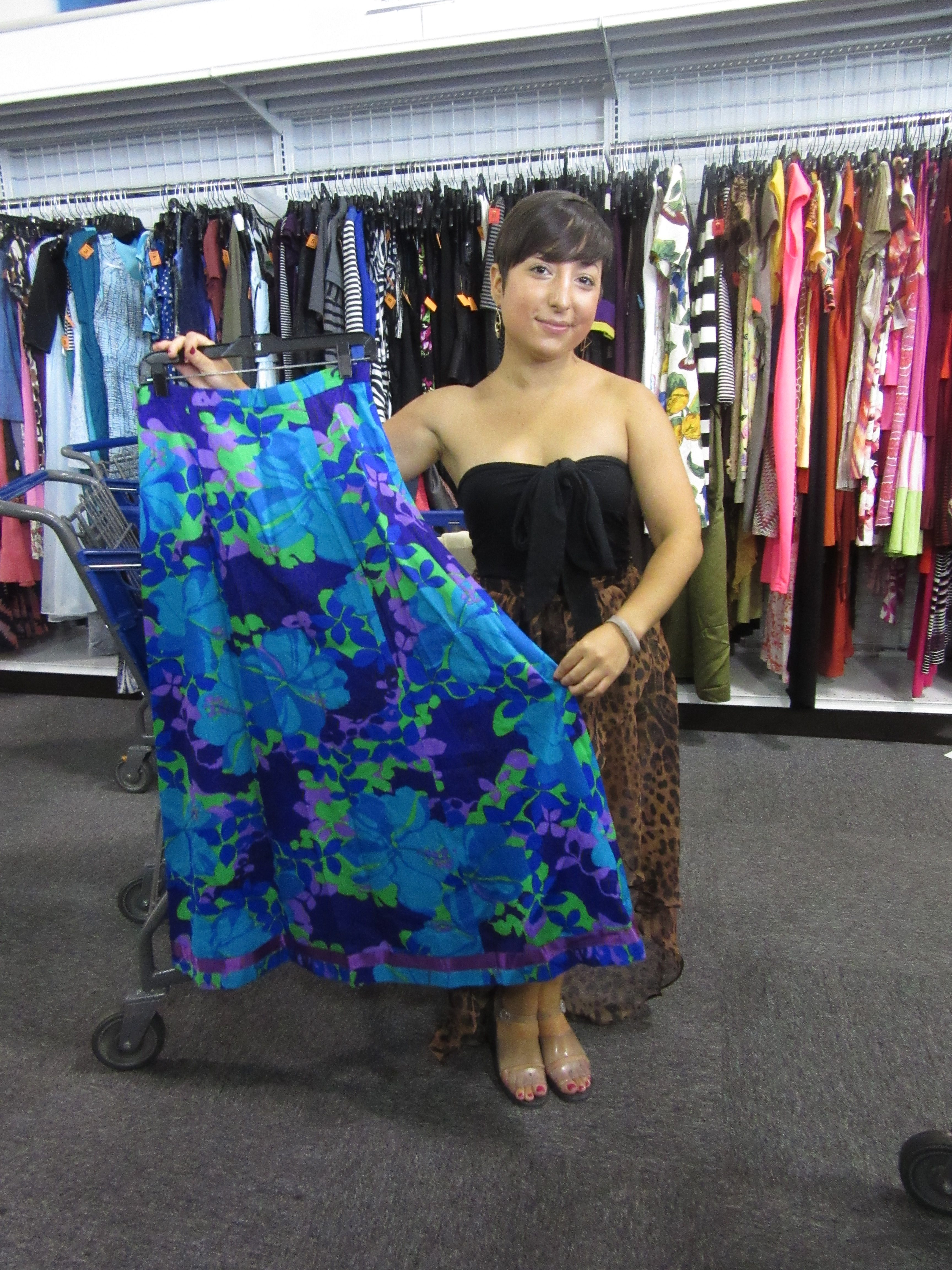 Carolyn poses with a vintage skirt found at the Bowie, MD Goodwill