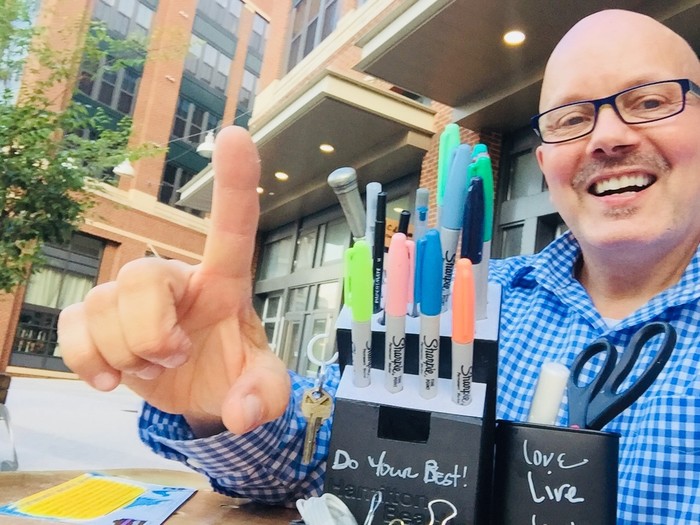 Tim poses with finished black upcycled knife block