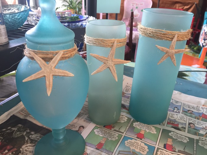 Tim's completed vases with twine and starfish.