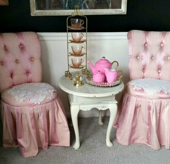a closeup of Courtney's little round table from Goodwill painted white and re-purposed for tea service