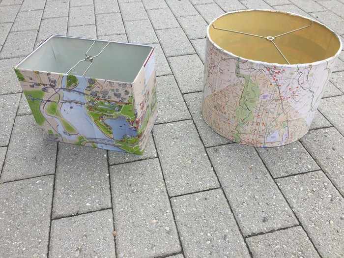 Tim's lampshades decoupaged in maps