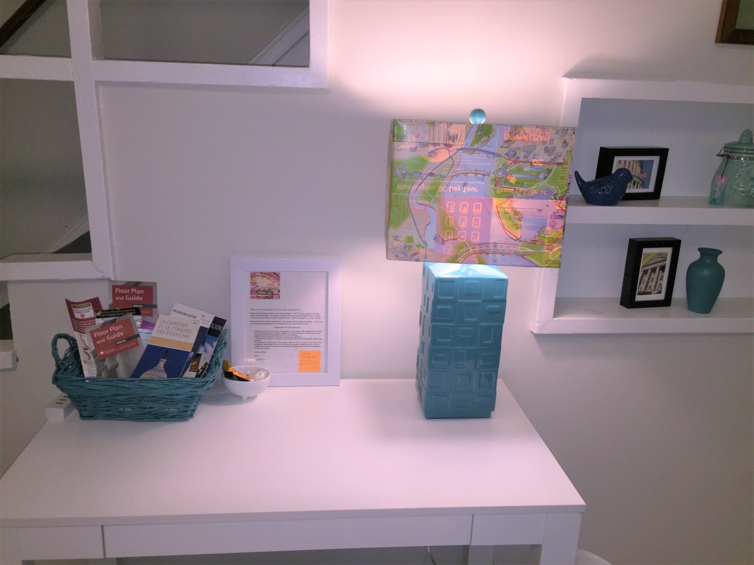 Tim's completed "map lamp" displayed in a home office setting