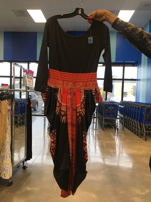 long black dress with colorful detail found at the Liberia Ave, Goodwill