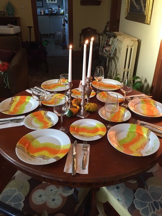 Tim's completed tablescape incorporating upcycled candlestick holders