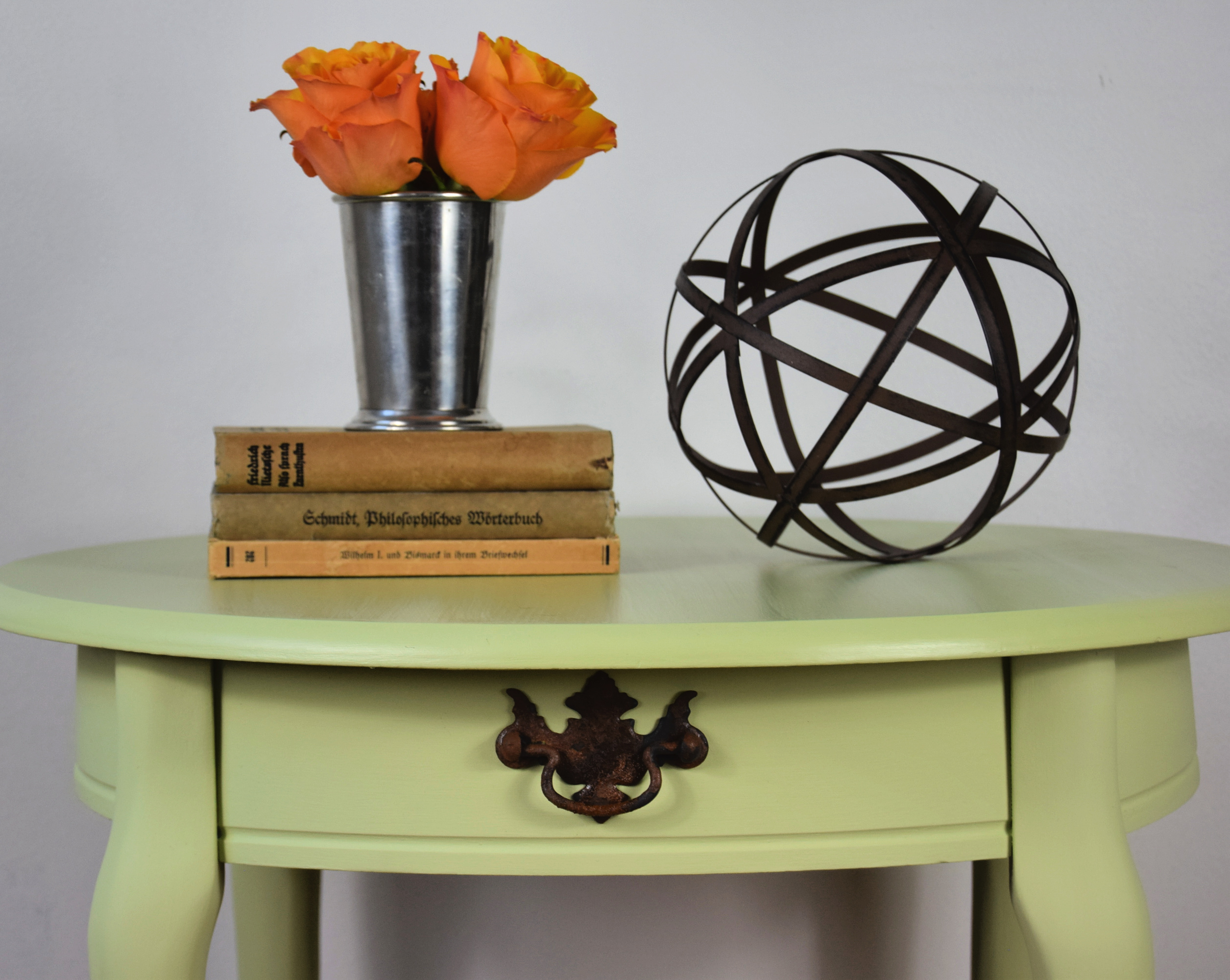 close up of Courtney's little round table painted farmhouse green