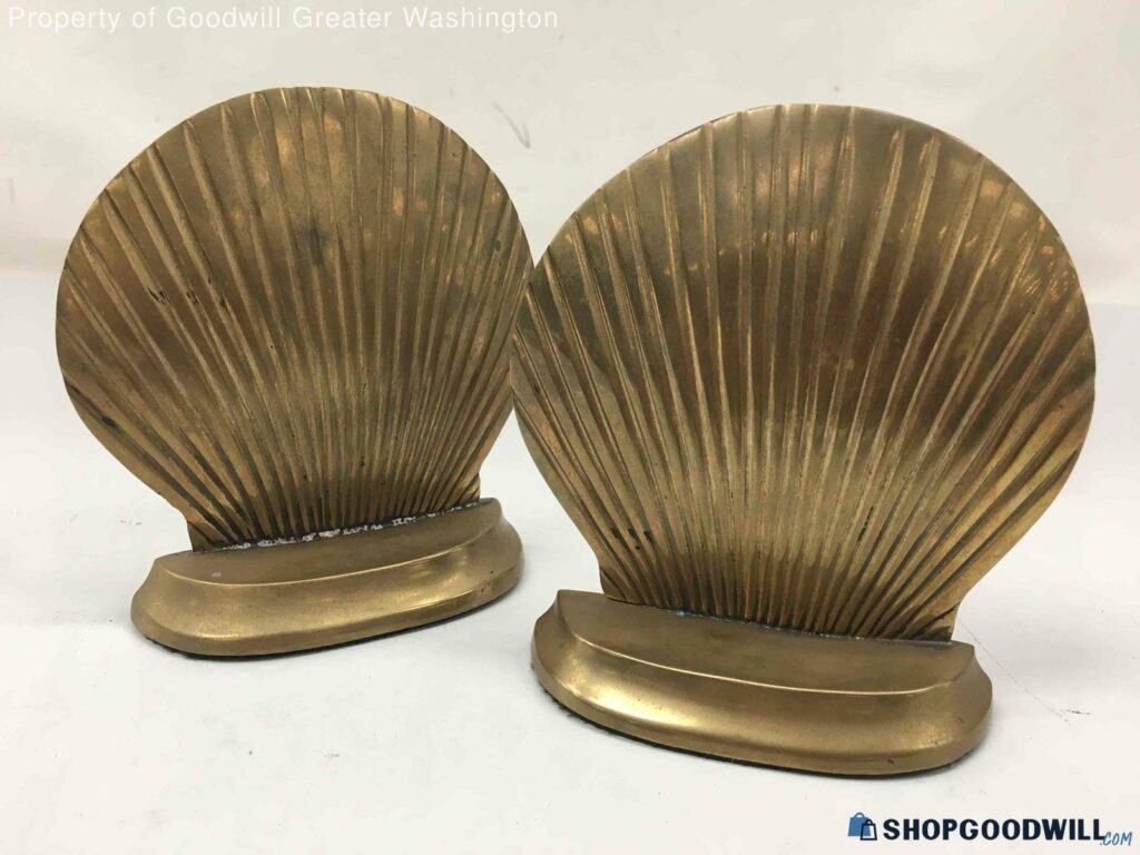 Pair of Vintage Brass Shell Bookends, Scallop Shell Bookends